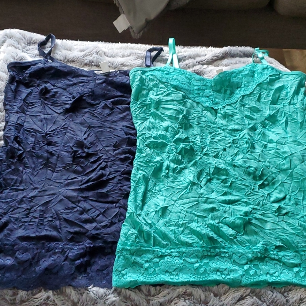 Blue and mint lace ruched lace tanks